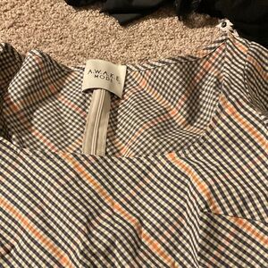 A.W.A.K.E. Mode Navy Gingham Long Sleeve Tee with Orange Accent